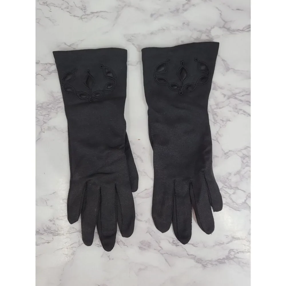 Vintage Nylon Classic Black Dress Driving Formal Gloves Satin Inset & Embroidery